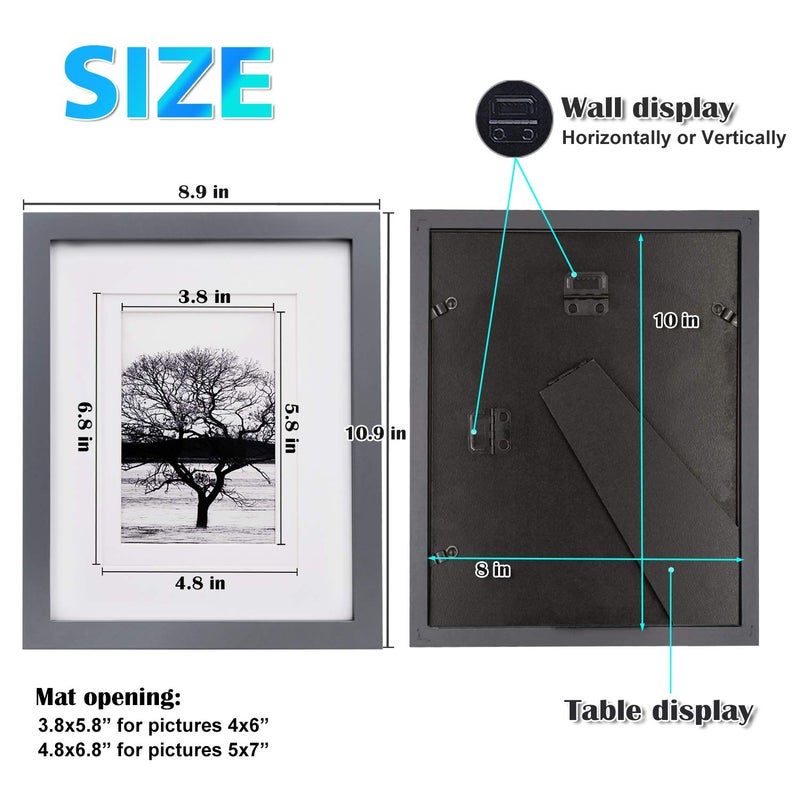 Egofine 8x10 Picture Frames 4 Pack - Wood Frames Covered by Plexiglass for Pictures 4x6 or 5x7 with Mat or 8x10 Without Mat, Photo Frames for Table Top and Wall Display, Dark Gray - Image 3